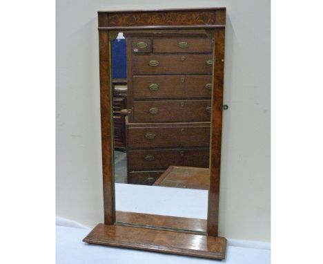 19th century walnut hall wall mirror with foliate scroll inlay and small shelf. 93cm high.