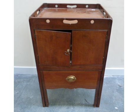 Georgian mahogany tray top bedside cabinet with cupboard above commode drawer on rectangular supports. 50cm wide.