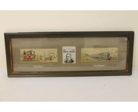 Set of three silk woven stevenographs depicting coach and horses, steam train and a portrait of George Stephenson and his roc