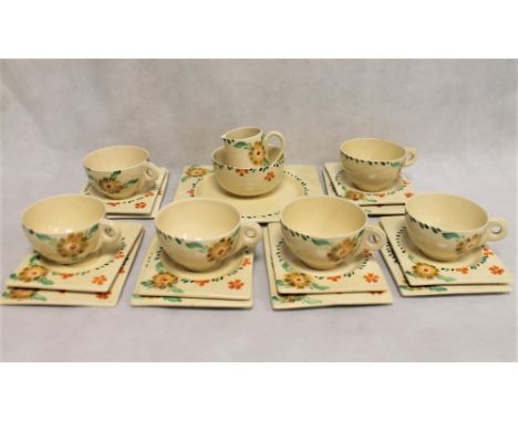 Art Deco A. J. Wilkinson Ltd. Royal Staffordshire pottery honey glaze "The Biarritz" pattern tea set, comprising six trios; c