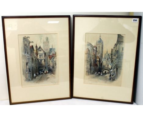 R. Randolf.Brittany Street Scenes - a pair.  Watercolour heightened with white.Each 34cm x 25cm.Both signed and inscribed wit