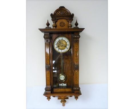 Wall clock of Vienna style in tinted penwork case.  95cm. Condition Report. Appears to work but requires pendulum suspension 