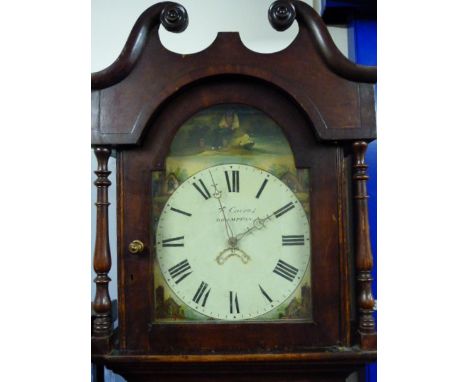 30 Hour long case clock by Cairns, Brampton with 13" arch dial and oak and mahogany case. 