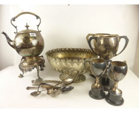 Victorian e.p.. kettle, engraved, upon stand and lamp and other plated ware.