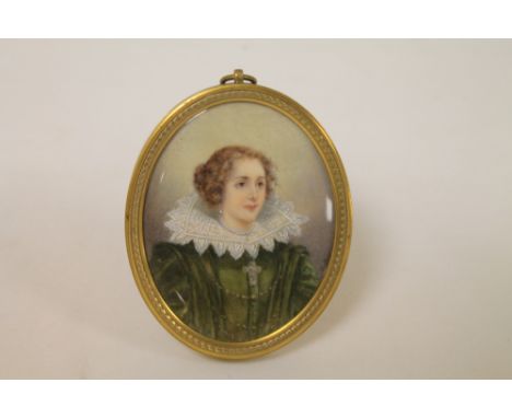 Late 19th/early 20th century Continental miniature portrait of a lady in Elizabethan dress, indistinctly signed (E. Bascaud?)