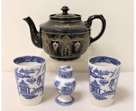 Gibson & Sons Ltd. "Lusitania" pattern teapot, 14cm high; an early 19th century blue and white "Willow" pattern caster of bal