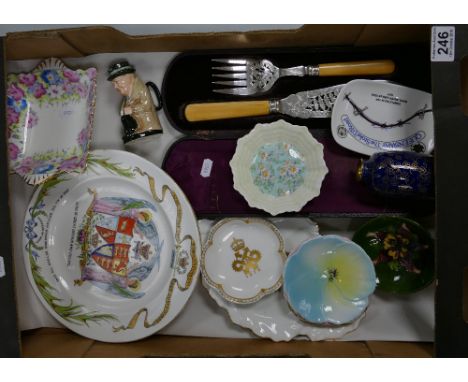 A mixed collection of ceramic items to include - Shelley commemorative plate, similar floral patterned dishes, damaged Moorcr