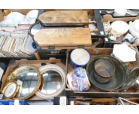 A mixed collection of items to include a brass jam pan, mirrors, Poole Pottery etc (2 trays)
