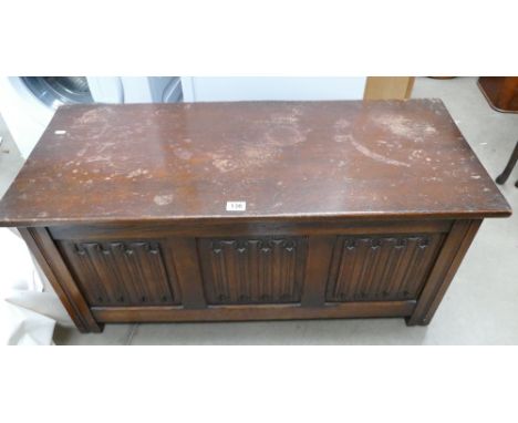 20th Century oak triple panelled linen fold blanket box, with later added built in record player 