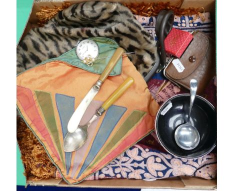 A collection of silk scarfs, a vintage handbag, coins, hat pin, silver plated jam pot and spoon etc ( 1 tray)