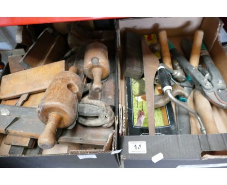 A mixed collection of vintage tools to include woodworking planes, tenton cutters, garden trimmer's and shears and metal tool
