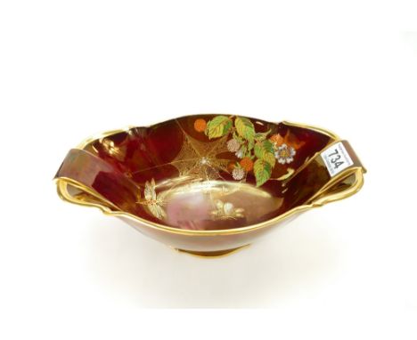 Carltonware Rouge Royale footed art deco bowl decorated with butterfly's, spiders and webs, length 31cm