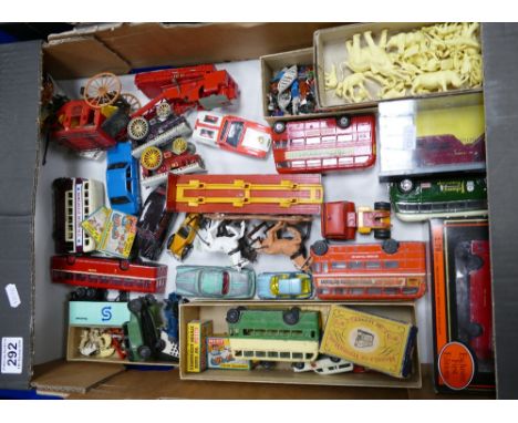 A mixed collection of vintage and latter day toy cars, including Britain's Snap It items, boxed Lesney figures, Dinky buses, 