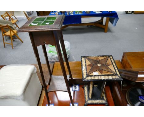 Ebonised decorative inlaid Moroccan style side table and a 20th Century green tile topped plant stand (2)