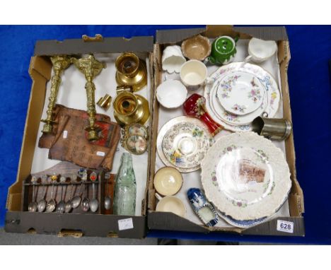 A mixed collection of ceramic items to include - commemorative mugs, plates, decorative shielded spoons, ornate brass candles
