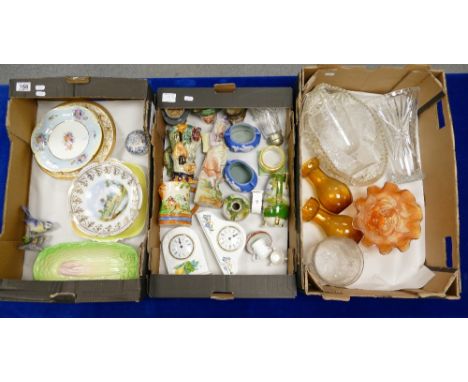 Three trays containing decorative floral plates including Cauldon, hand decorated dishes, Aynsley clocks, Noritake vases, Roy