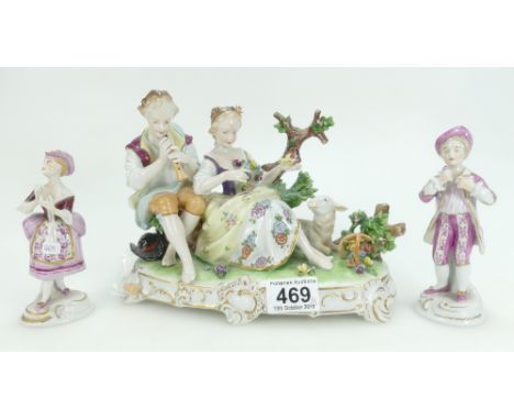 A collection of German continental ceramic figures marked with crown DR1885 to include couple listening to music with lamb an
