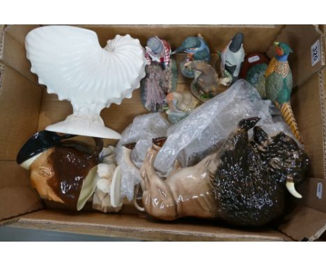 A mixed collection of items to include a Sylvac character jug, Melba Ware buffalo, Wedgwood etc. 