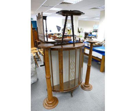 Oak tall church type torchers , art deco display cabinet & carved tripod table(3)