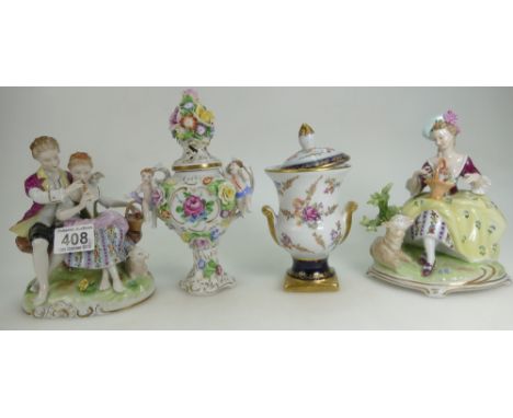 A collection of continental German figures marked Crown GR1885 to include young couple playing flute, young lady with lamb an