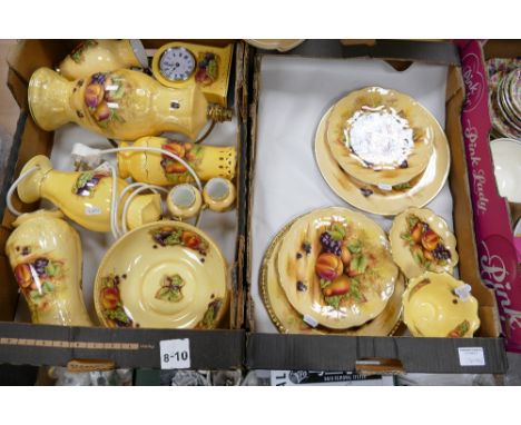 A collection of Aynsley Orchard Gold items to include lamp bases, mantle clocks, vases, fruit bowls etc (2 trays)