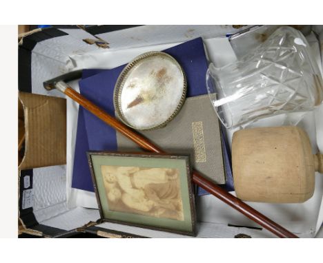 A mixed collection of items inc period oil on wood panel landscape scenes, vintage skin handbags, cut glass items, brass weig