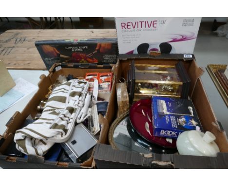 A mixed collection of items to include clocks, metal ware, scales etc (2 trays) 