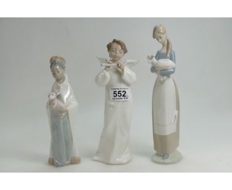 Two Lladro figures of a girl holding a lamb, yound boy with a teddy bear and a Nao boy dressed as an angel (3)