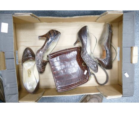 A collection of ladies vintage clothing including faux Crocodile handbags and Snake and Crocodile shoes.