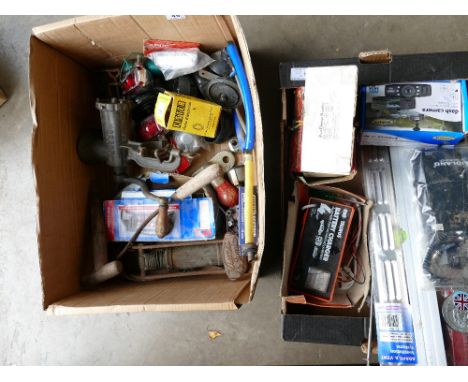 A mixed collection of vintage tools and elections to include, Kismet Junior foot pump, meat grinder, head lamps, enamelled St