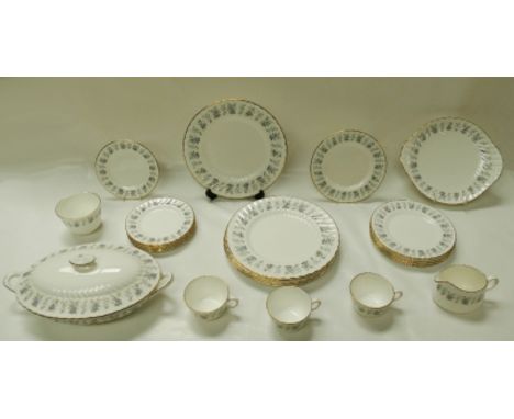 A Minton part dinner & tea set decorated in the Alpine Spring design, comprising plates, tureen & cover, tea cups and saucers