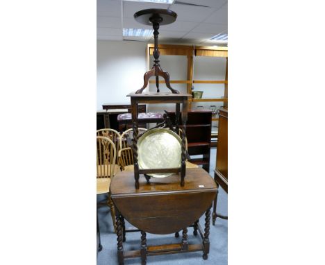 Barley twist gate leg table , similar smaller item, small tripod table and collapsible brass topped item (4)