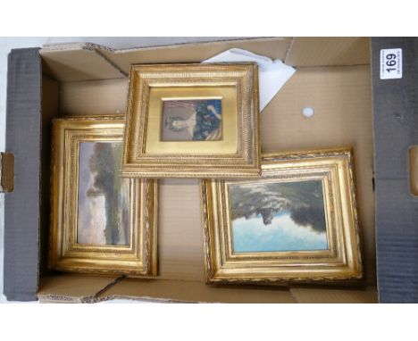 A collection of early oil on board landscapes together with similar period portrait. (3).