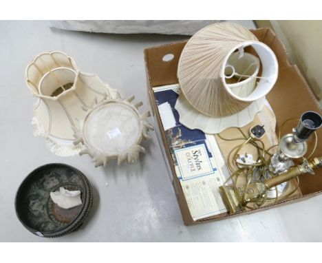 A mixed collection of items to include lamp bases and shades, an ornate metal planter and a soapstone style ornament (8)