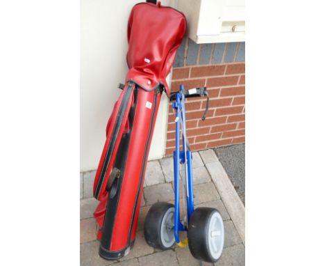 Golfing equipment to include a set of Wilson Irons in vintage red bag & cart (2)