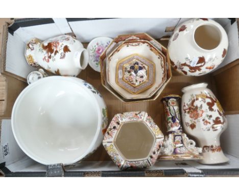 A collection of masons vases, bowls, Yellow Siam temple jar candlestick etc (1 tray)