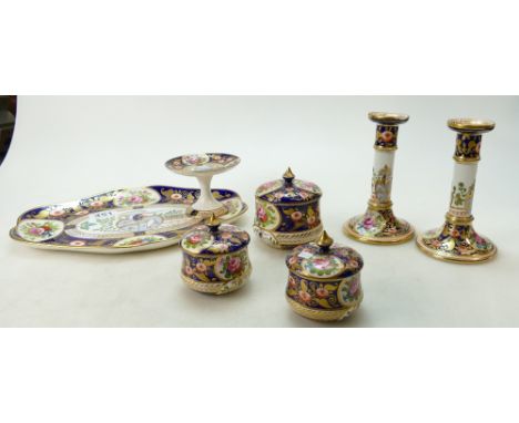 Crown Staffordshire hand decorated TRINKET / DRESSING TABLE SET, 1 candlestick with chips to rim, jewel dish 1 piece restuck 