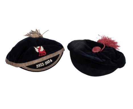 Two 1930s Llandovery velvet Rugby caps. Manufactured by Christy's of London, retailed by W Jones of Llandovery, one cap with 
