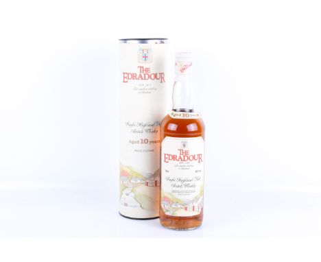 A bottle of The Edradour single Highland malt Scotch whisky. Aged 10 years, 40% vol, 75cl, in original tube box with poster.
