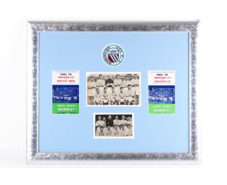 A framed montage of Manchester City FA Cup Final programmes and signed photos. The programmes for the Final Tie, Manchester C