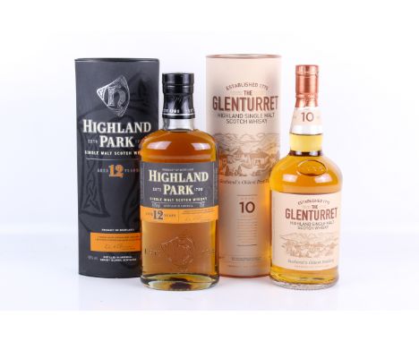 Two bottles of single malt Scotch whisky. Comprising one bottle of Highland Park aged 12 years and one bottle of Glenturret a