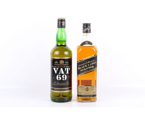 Two bottles of Scotch whisky. Comprising one bottle of Vat 69 and one bottle of Johnnie Walker black label aged 12 years, bot