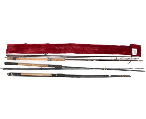 Three coarse fishing rods. Shimano Aero Match 290 FA’; a 3-section 13’. Shimano ‘Speedmaster AX Feeder Light’; a 3-piece Shak