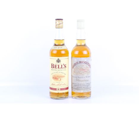 Two bottles of scotch whisky. Comprising one bottle of Glenrowan premium finest scotch and one bottle of Bells aged 8 years w