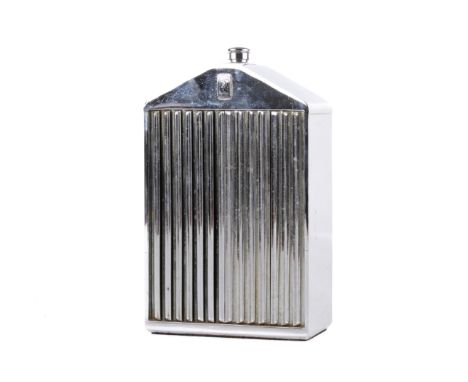 A Ruddspeed Ltd Rolls Royce hip flask. Of metal construction with chrome front, in the shape of a front grill with screw top 
