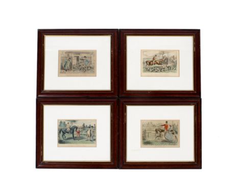 Four mid-19th century hand-coloured engravings of hunting scenes by John Leech. 'Rosa & The Earl', 'Mr Sponge', 'Billy Introd
