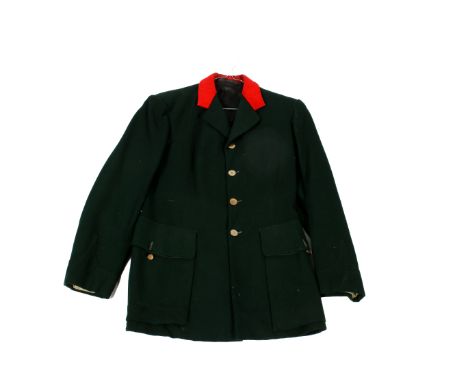 A King's Shropshire Light Infantry regiment beagling jacket. In green with red trim and brass buttons, (no size), length from