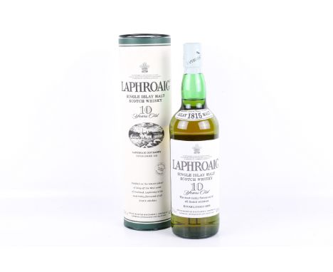 A bottle of Laphroaig 10 years old single malt Scotch whisky. Boxed, 70cl, 40% vol. 