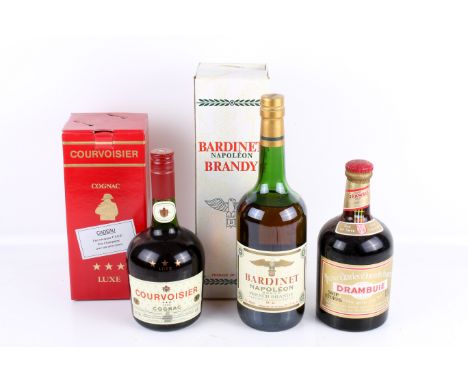Three vintage bottles of whisky, brandy and cognac. Comprising Prince Charles Edward's liquer Drambuie; Bardinet Napoleon bra