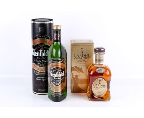 Two bottles of Scotch whisky. Comprising one bottle of Glenfiddich and one bottle of Cardhu gold reserve, both boxed, 70cl, 4